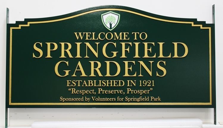 GA16414 -  Carved 2.5-D  Sign for Springfield Gardens, with a Tree on a Shield as Artwork