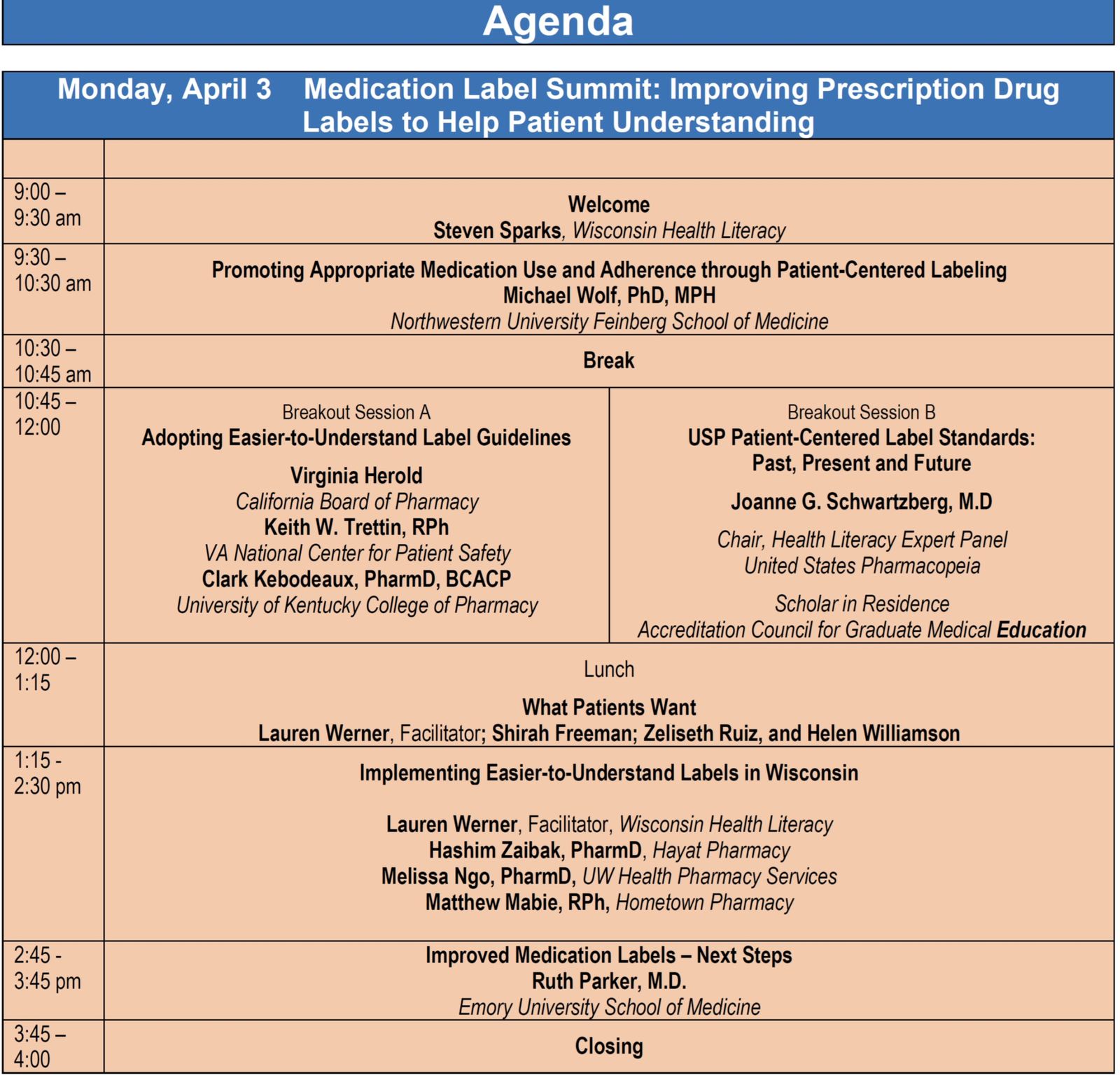 Agenda for Medication Label Summit Medication Label Summit Summit