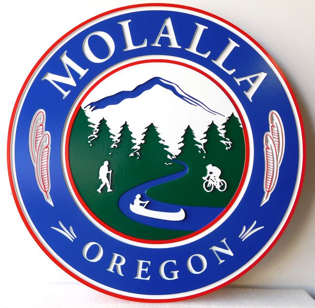 X33101 - Wall Plaque for the City of Mollala, Oregon, with Mountain, Trees, Hiker, Biker and Canooer as Artwork