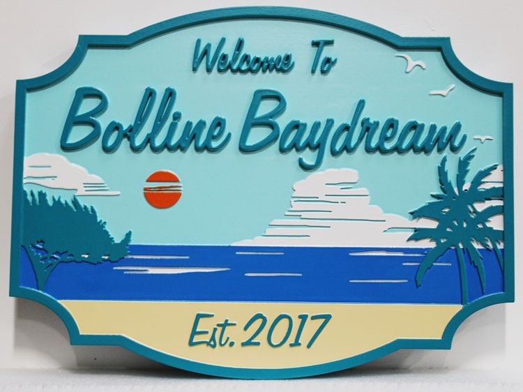 L21052 - Carved 2.5D Multi-level Raised Relief   Beach House Sign, "Boline Baydream", Featuring a Beach, Palm Trees, and Clouds as Artwork