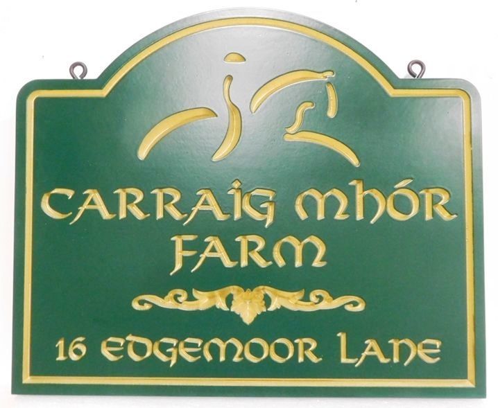 P25252 - Engraved Entrance and Address Sign for the Carraig Mhor Farm, with a Stylized Mounted Equestrian as Artwork 