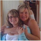 This is a picture of Molly and her mom. Both women have blonde hair and Molly's mom is hugging Molly from behind.