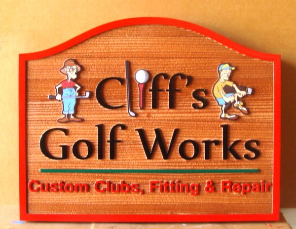E14218  – Carved and Sandblasted Redwood  Sign for Cliff’s Golf Works, with Cartoon Art
