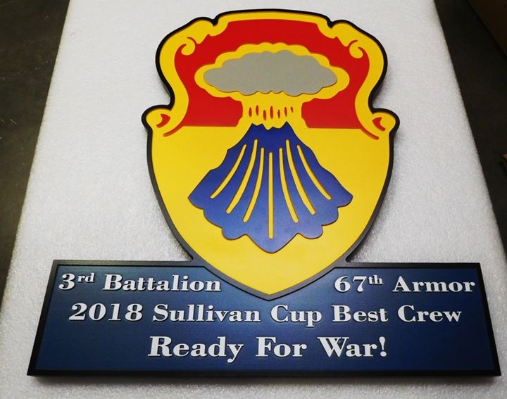 MP-2250 -  Carved HDU Plaque of the Crest   of 3rd Battalion 67th Armor  "Winner of the Sullivan Cup for Best Crew", 2.5D Artist Painted