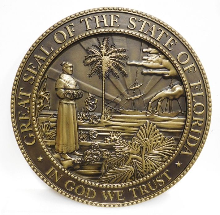 BP-1142 - Carved Plaque of the Great Seal of the State of Florida, 3-D, Brass-Plated
