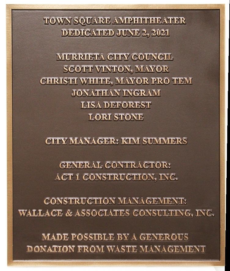 GA16552A - Carved Bronze-plated High-Density-Urethane (HDU)  Town Square Amphitheater Dedication Plaque for the City of Murrieta