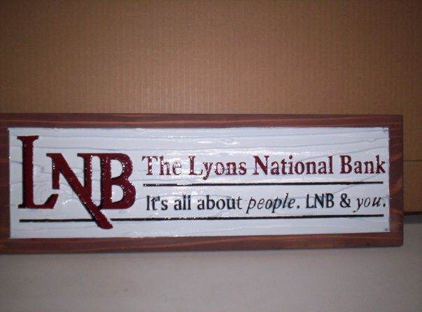 SB28810 - Carved and Sandblasted Redwood desk Plaque for Lyon National Bank