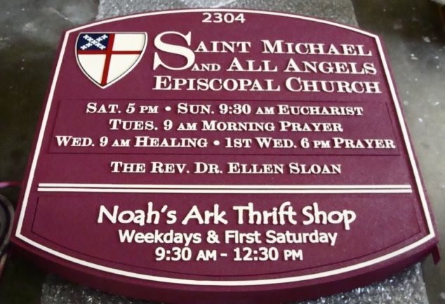 D13036 - Episcopal Church Entry Sign with Thrift Shop Sign Attached