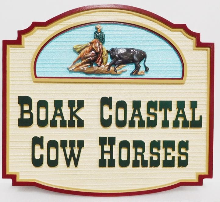 O22313 - Carved HDU Entrance Sign for Boak Coastal Cow Horses,  3-D Artist-Painted with Cowboy Mounted on Cutting Horse as Artwork