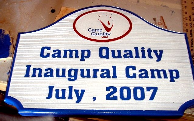 G16312 - Sandblasted, Wood-Grain Sign for Camp with Stylized Smile Logo