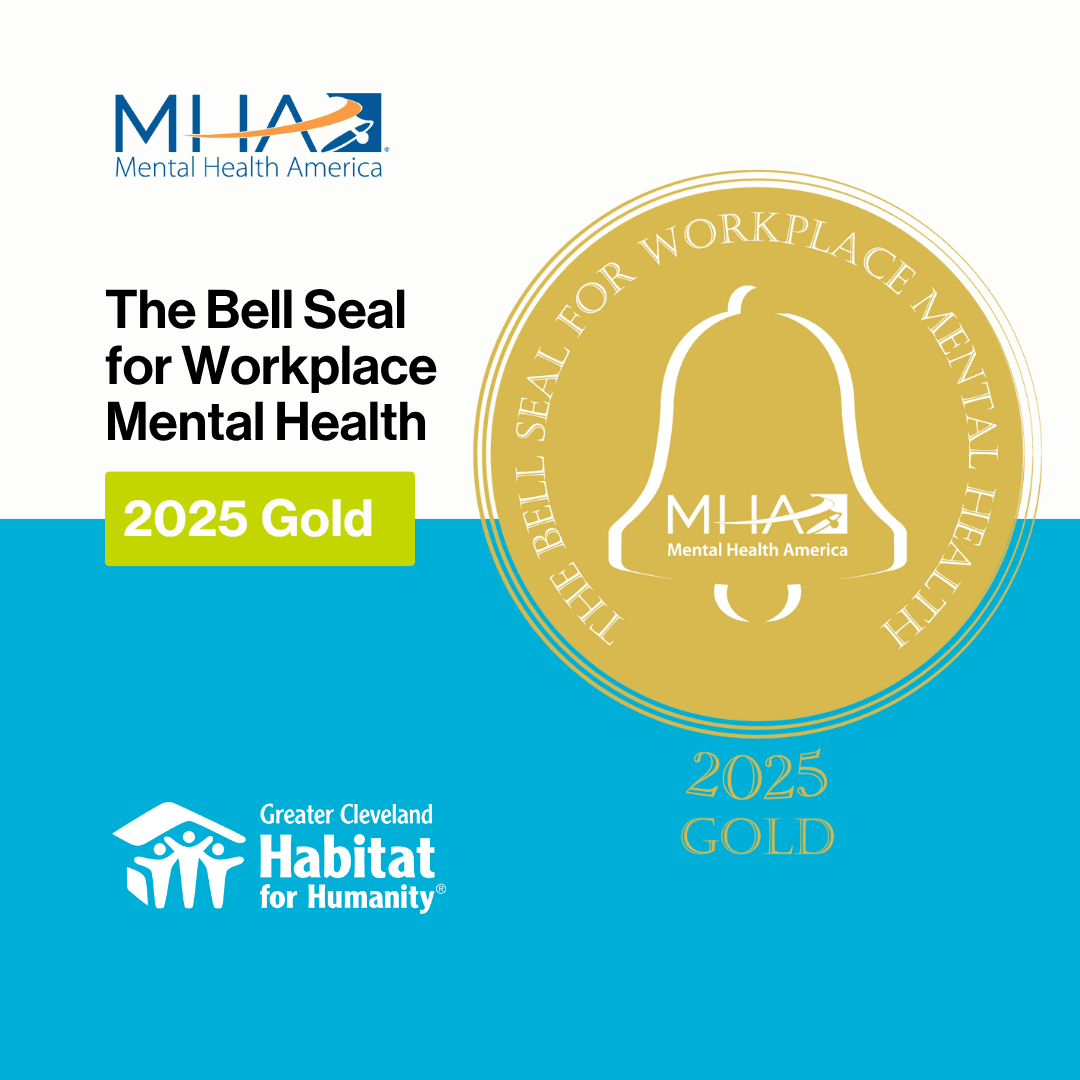 Greater Cleveland Habitat team celebrates earning the 2025 Gold Bell Seal for Workplace Mental Health from Mental Health America