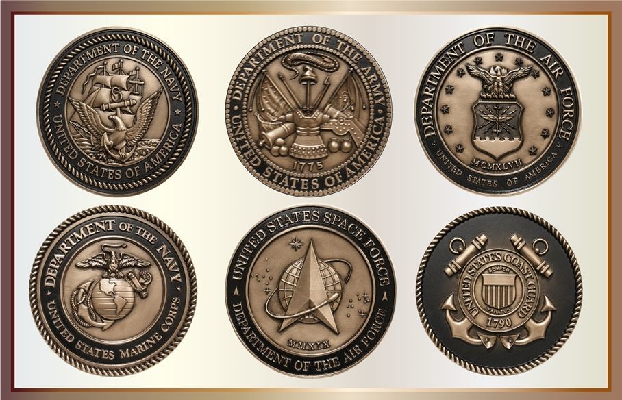 IP-1163 - Set of Six 3-D Bronze-Plated Plaques of the Seals of the Six Armed Force Services
