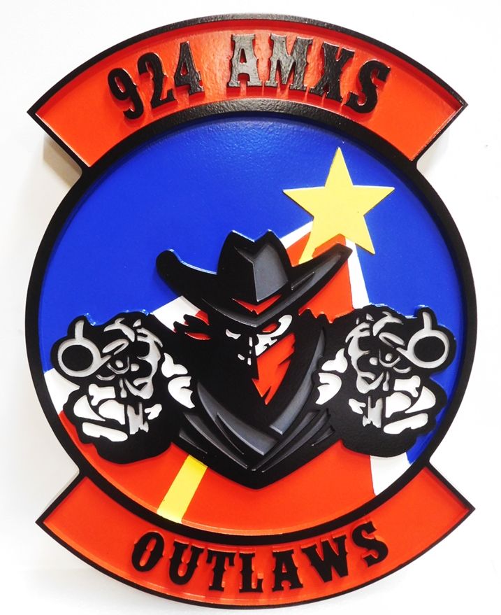 LP-7153 - Carved Plaque of the Crest of the924 AMXS "Outlaws:", 2.5-D Artist Painted with Outlaw Pointing Two Revolvers