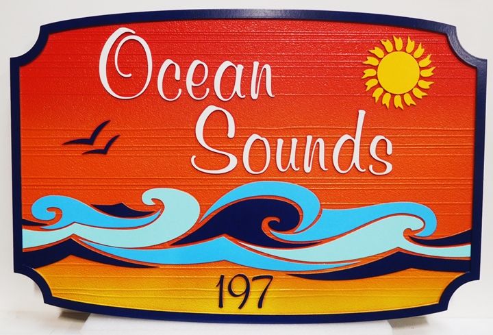 L21172 - Sign for Condominium "Ocean Sounds" ,with  Sun and Stylized Surf