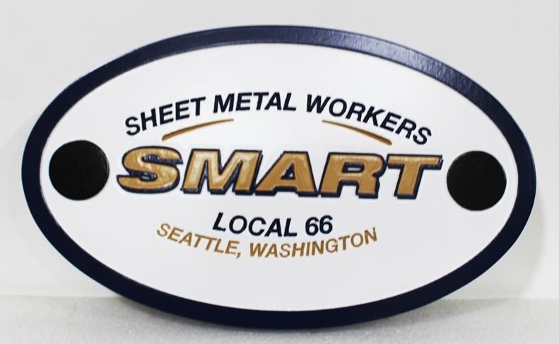 VP-1760 - Carved 2.5-D Multi-Level Plaque of the Logo of the SMART Sheet Metal Workers Union, Local 66, in Seattle Washington