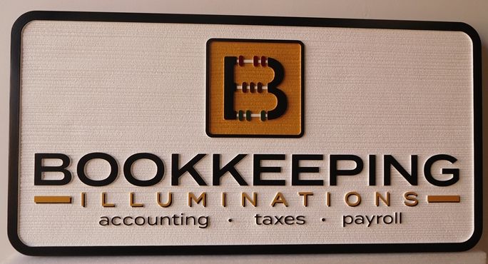 C12062 - Carved HDU Sign for  Bookkeeping Services, 2.5-D  Raised Text and Artwork, Wood Grain Background