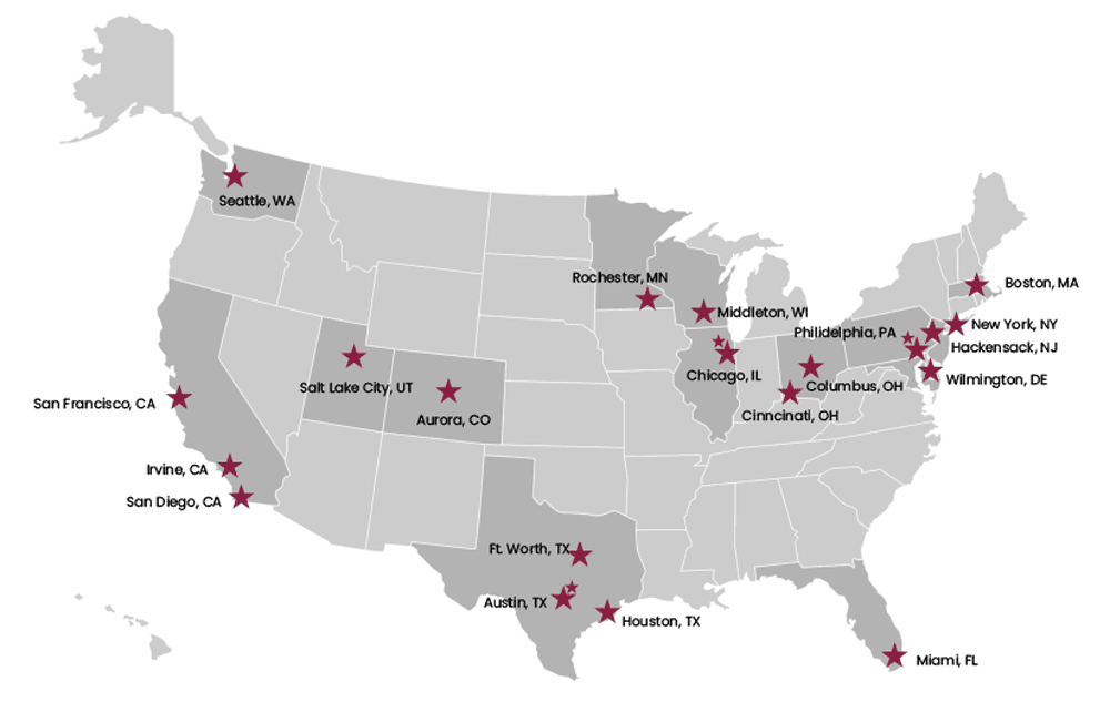 Clinical Care Network Locations in stars on a US map