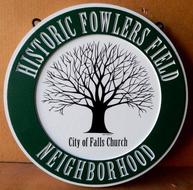 K20178 - Carved HDU Sign for Historic Fowler's Field , City of Falls Church, with Tree
