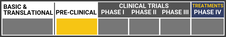 Research Continuum Graphic. Research in Pre-clinical stage. Sections shown in grey: Basic & Translational, Clinical trials: Phase I, Phase II, Phase III, Treatments-Phase IV. Highlighted in yellow: Pre-Clinical. 