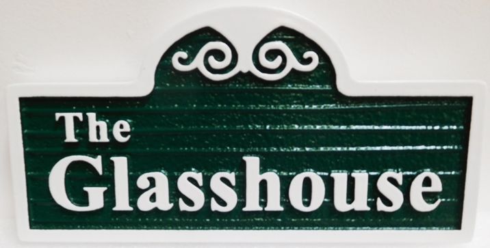 I18845 - Carved and Sandblasted Wood Grain HDU Property Name Sign "The Glass House", 2.5-D Artist-Painted