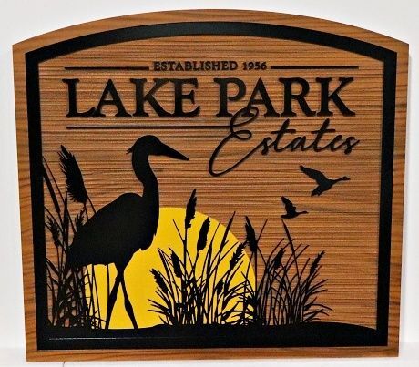 K20197 - Carved and Sandblasted 2.5D HDU Entrance Sign for "Lake Park Estates" with Artwork