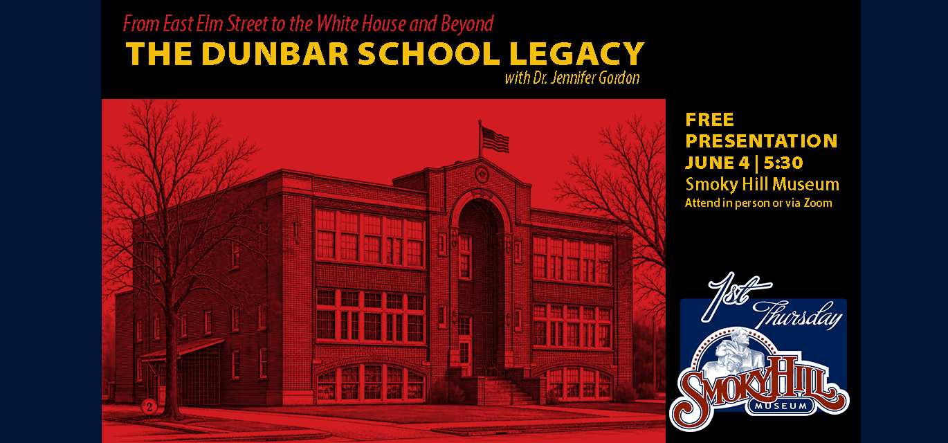 Line drawing of Dunbar School on a red background with title and date of presentation