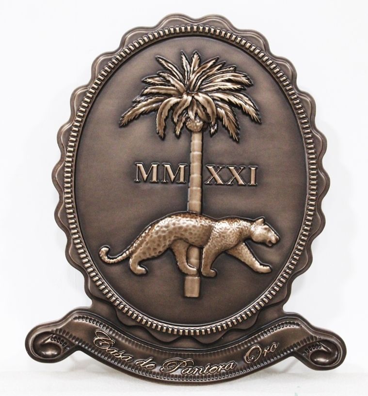 I18551 - Three D Bas-Relief Sculptured Bronze Property Name Sign for the "Casa de Pantoro Oro" Residence, with a Leopard and Palm Tree as Artwork