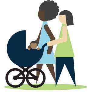two women walking together pushing a stroller