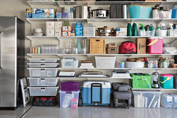 well organized garage shelves with neatly arranged plastic bins