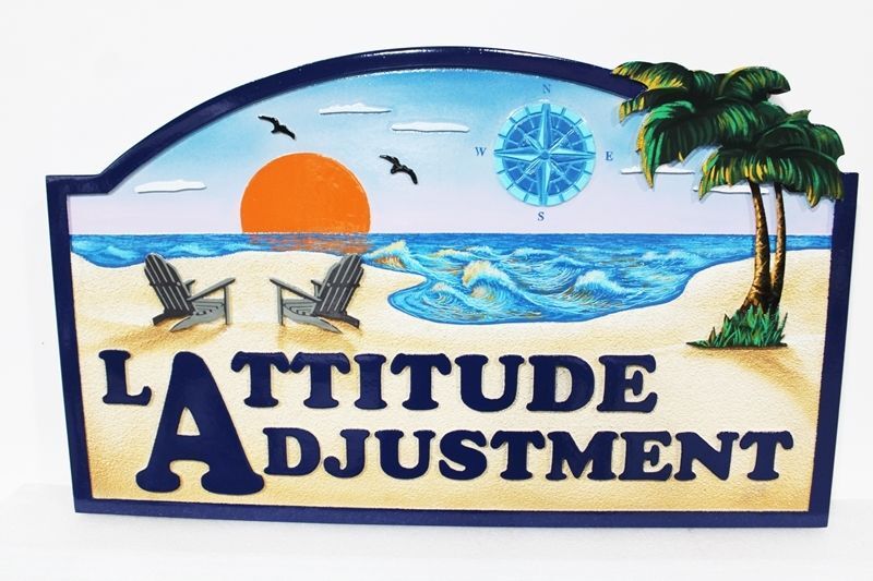 L21005 - Carved 2.5-D Multi-level Raised Relief Beach House "Lattitude Adjustment"  Beach House Sign, with Artwork Featuring a a Beach with Two Chairs, Palm Trees and Setting Sun  