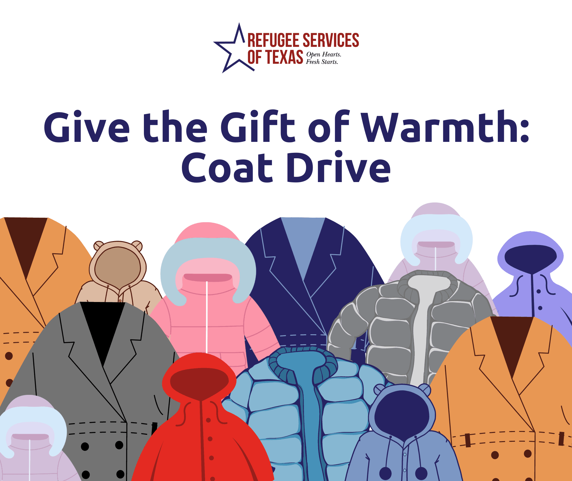 Graphic that says "Give the Gift of Warmth Coat Drive" with a bunch cartoon coats lined up.