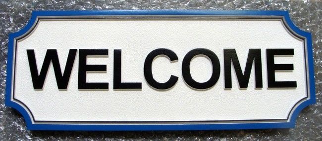 SA28747 -Carved  Black and White  "Welcome" Sign