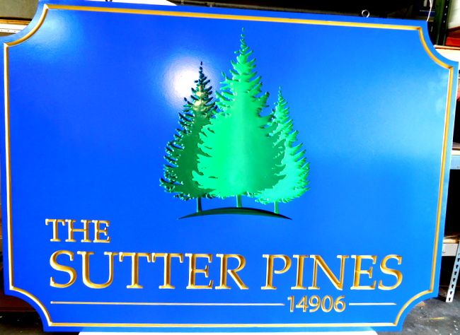 K20108 - Beautiful  Entrance Sign for the "Sutter Pines" Apartments, with Carved Pine Trees