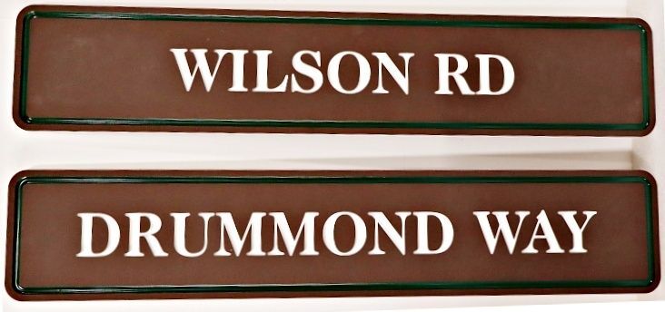 H17085A - Carved 2.5-D HDU Street Name Signs for "Wilson Road" and "Drummond Way"