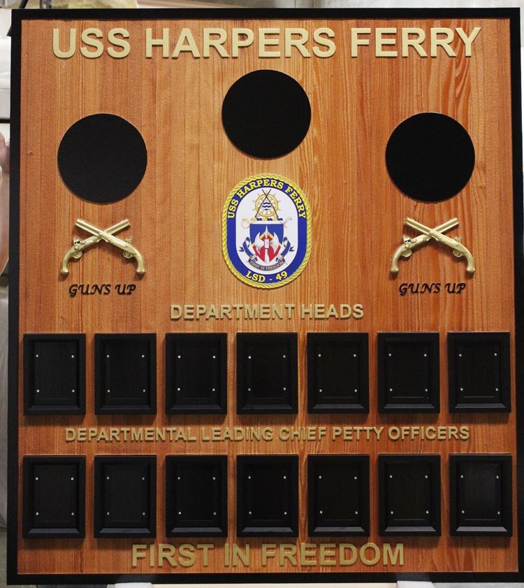 JP-1327 - Carved Redwood Command Board for the USS Harpers Ferry, LSD-49, with Replaceable Photos and Ships Seal