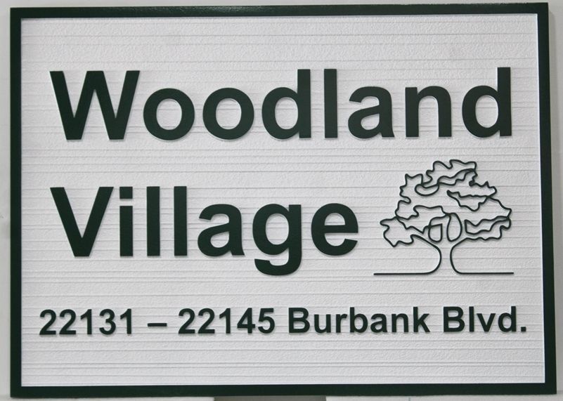 K20611 - Carved and Sandblasted Wood Grain  High-Density-Urethane (HDU)  Entrance and Address  Sign for the Woodland Village