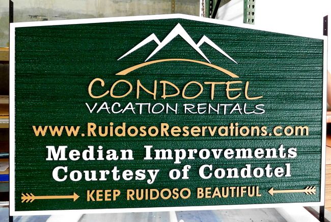K20151 - Entrance Sign for Condotel, with Mountain Artwork and Sandblasted Wood Grain Background