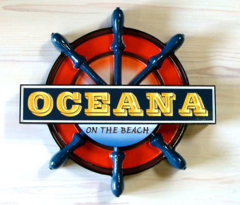 Q25112 - Carved Wood and HDU Ship's Helm Seafood Restaurant Sign "Oceana on the Beach"