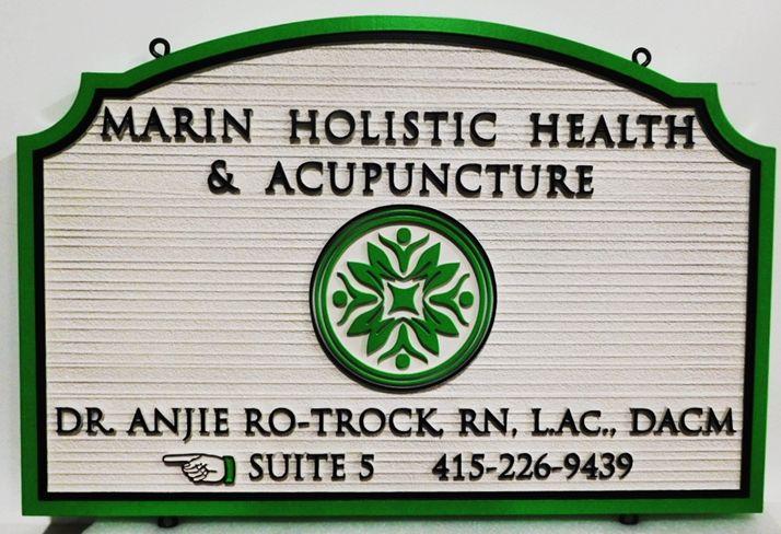 B11258 - Carved and Sandblasted Wood Grain HDU Sign for "The Marin Holistic Health and Acapuncture" Clinic, 2.5-D Artist Painted 