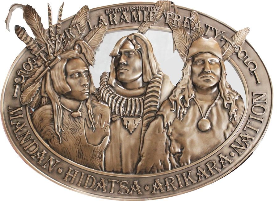 AP-5375- Large Carved 3-D Bronze-Plated Plaque  Commemorating the Ft. Laramie Treaty of 1851, featuring Images of Three  Native Americans of the Mandan, Hidatsa, and Arikara Nations 