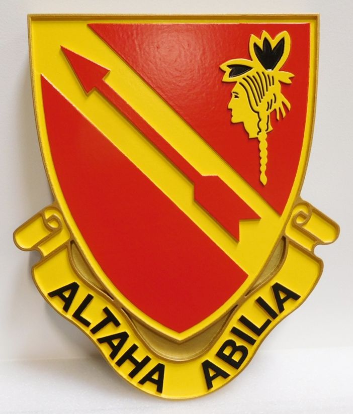 MP-2069 - Carved Plaque of Crest of US Army 291st Regiment  Unit with Motto "Altaha Abilia", or "Always Ready", Artist Painted