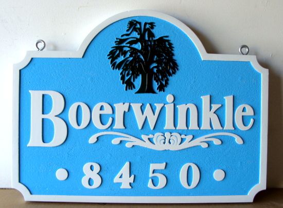 I18318 - Sandblasted 2.5-D HDU Property Address Sign "Boerweinkle", with Shade Tree as Artwork 