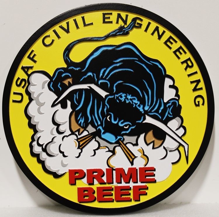 LP-7225 - Carved 2.5-D HDU Plaque of the Crest of  USAF Civil Engineering "Prime Beef"