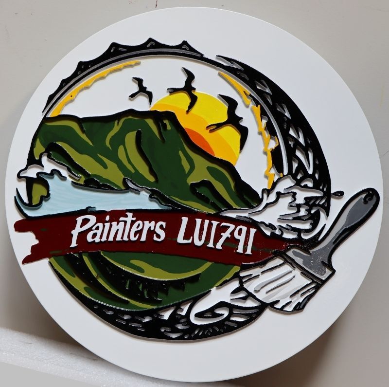VP-1718 - Carved Painters LU1791 Custom Union Emblem Plaque with Brush and Mountain Motif in Painted HDU