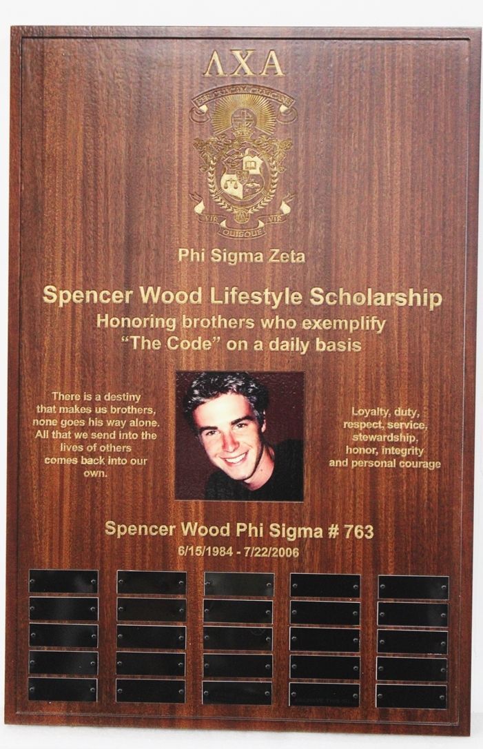 SP-1910 - Engraved Mahogany Plaque for Recipients of the Spencer Wood Lifestyle Scholarships,  Lambda Chi Alpha College Fraternity