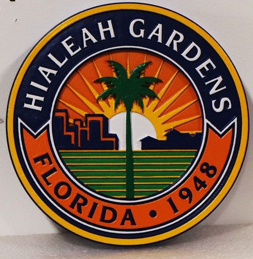 DP-1520 -  Carved 2.5-D Multu-Level Artist-Painted Plaque of the Seal of the City of  Hialeah Gardens, Florida