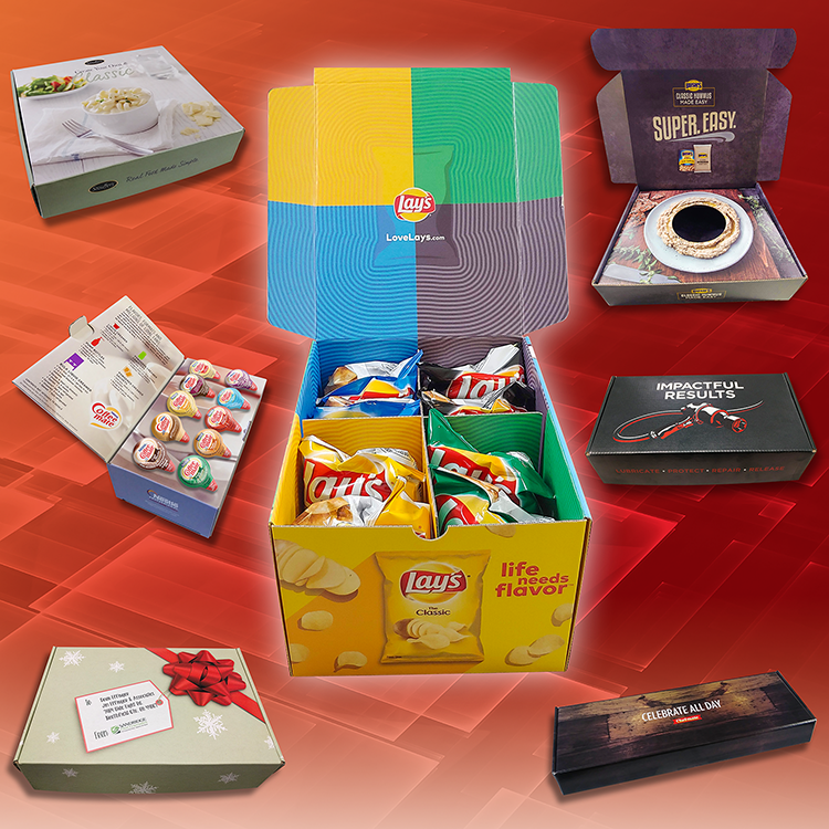 assorted promotional boxes with printed branding and artwork