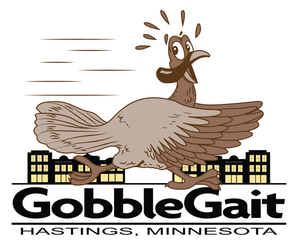 Cartoon illustrator turkey running past Hastings historic downtown buildings with sweat dripping from head and bolded text Gobble Gait Hastings Minnesota