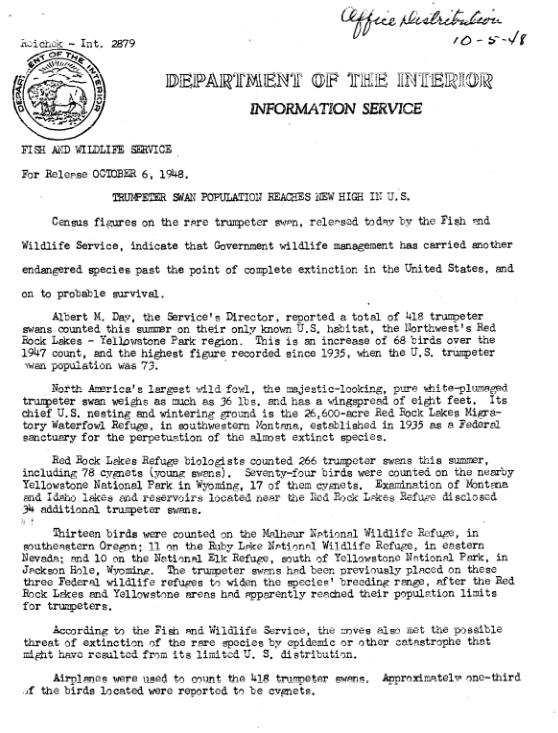 1948 Dept. of Interior Trumpeter Swan update from Red Rock Lakes NWR and Yellowstone National Park