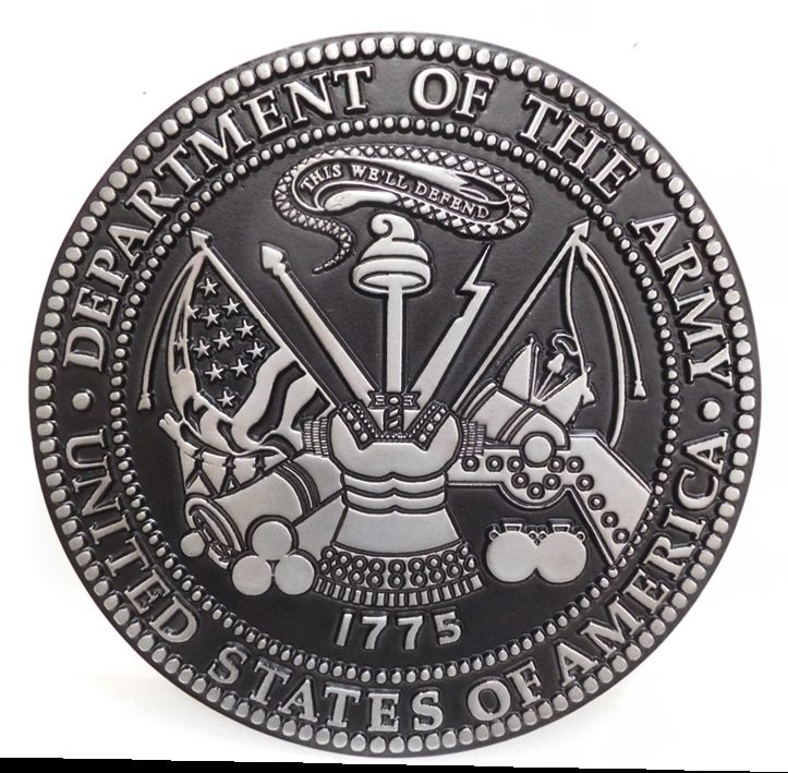 MP-1070- Carved Plaque of the  Seal of the US Army (USA), 2,5-D, Painted with Metallic Silver with Hand-Rubbed Black